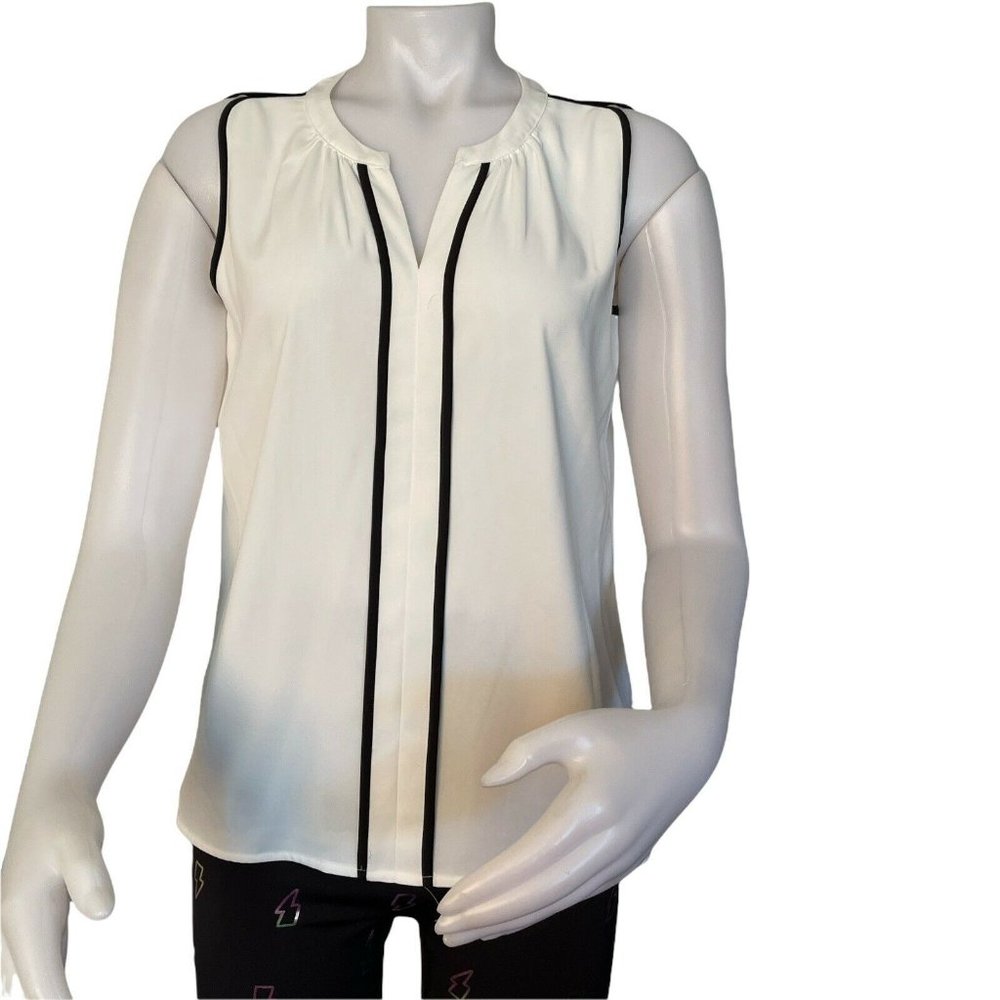 Women’s Sleeveless Top Size S Calvin Klein Piped V-Neck Sleeveless White/ Black